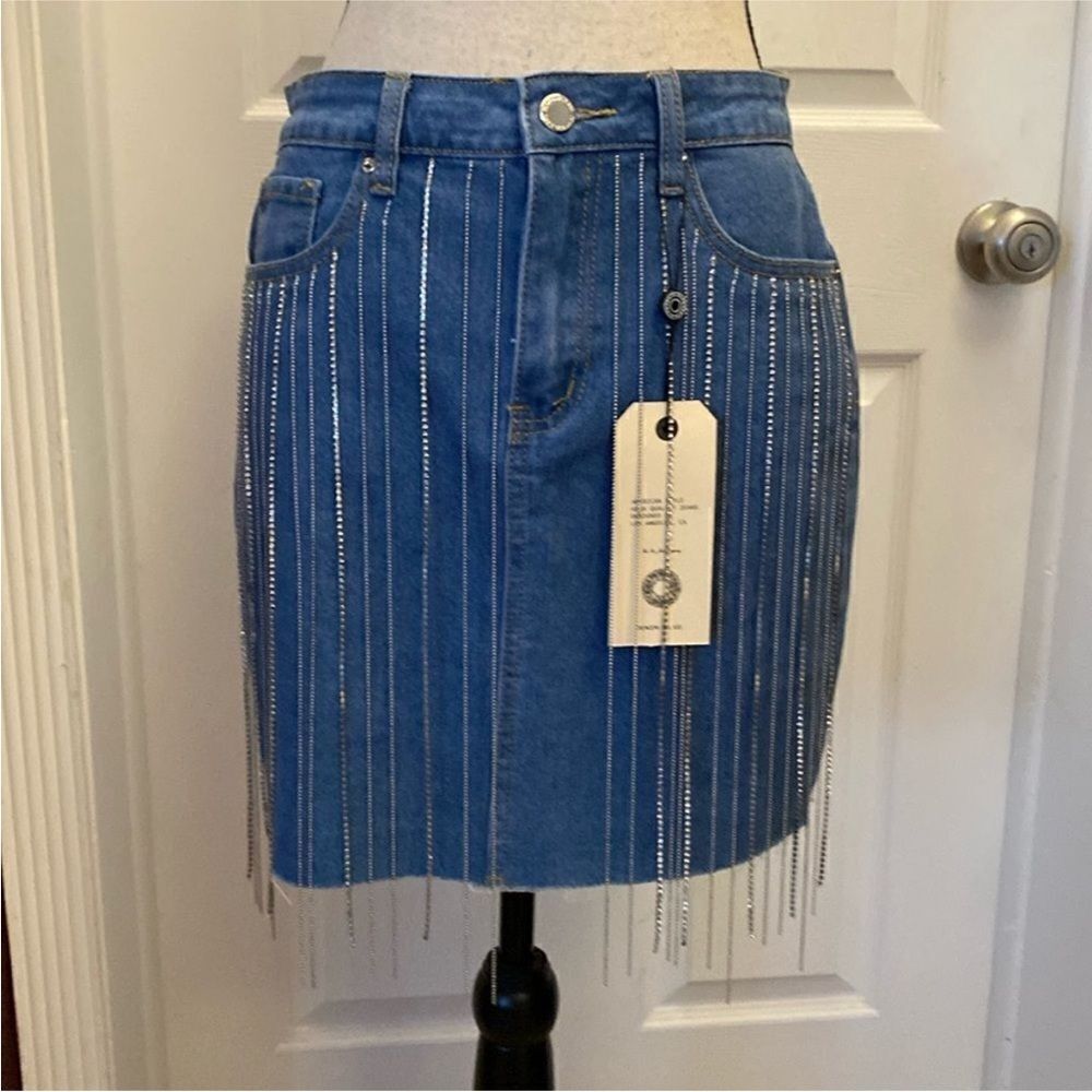 NWT Denim blvd Blue Denim Skirt with crystal tassels, M